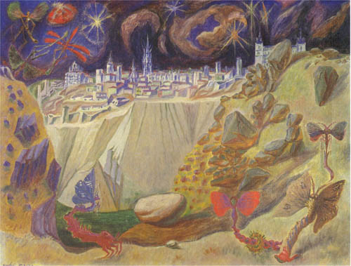 ANDREE MASSON, Toledo con crisálidas,1934.Óleo sobre lienzo.50x60cm.Colección particular.Insectos gigantes, grandes guijarros en una tierra despojada, Masson pasó casi 2 años en España.Ese cielo nocturno iluminado por astros que llenan de misterio...