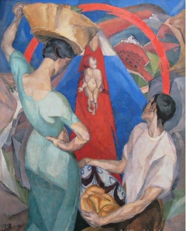 Monumental Adoración de Virgen con niño de Diego RIVERA,1913,150x122cm, gran acierto en la síntesis personal entre el origen cubista y la inspiración en el Greco, todo un análisi de originalidad y de interpretación cubista