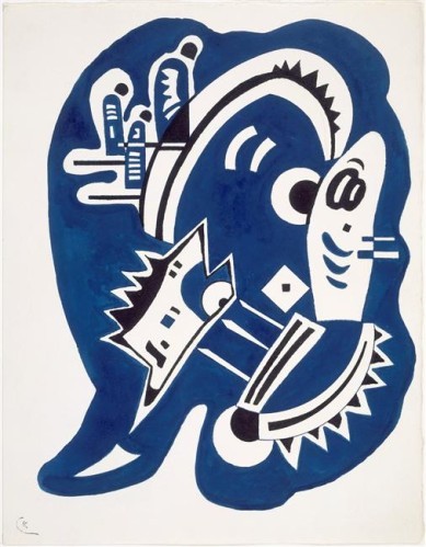 Influenciado por  Hans Arp, Joan Miró,pinta formas amébicas abstractas, Kandinsky exploró el concepto de "ausencia de forma" a través de microorganismos.Azul-Negro 1934,acuarela sobre papel.Legado N.Kandinsky