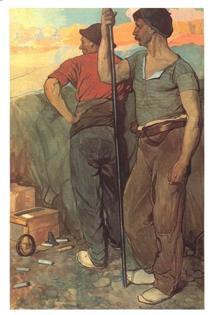 Manuel Benedito. Descanso.1908. Diseño para un almanaque para la Unión de Explosivos, con la técnica de aguada. Uno de ellos sujeta la barrena tras introducir los cartuchos de dinamita.