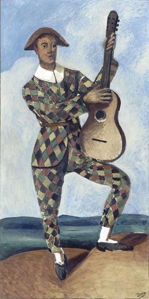 André Derain.Arlequin con guitarra,1924.Óleo sobre lienzo 190x97cm..Musée de l ´Orangerie. La atracción que ejercía la ópera, el ballet,el teatro sobre nuestros artistas impregnaban sus obras haciendo permeble la frontera entre el estudio y la escena.