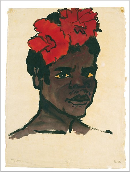 Emile Nolde, Jupuallo, 1914. Acuarela y tinta.47x34cm. Nolde Stiftung Seebull. Nolde se unió a la expedición alemana del protectorado Nueva Guinea para trabajar como etnógrafo e investigó sobre las características raciales de nativos.