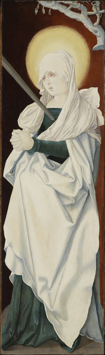 Hans Baldung Grien.Virgen Dolrosa 1516.Destinado para catedral de Friburgo,influenciado por Grünewald expresa el profundo sufrimiento físico y espiritual,la espada clavada en su corazón según profecía del anciano Simeón(Lc 2,34)analogía mariana de Cristo.