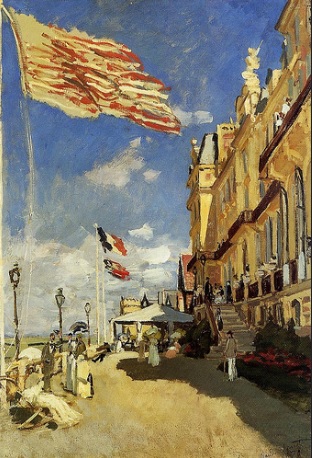 Claude Monet.Hôtel des Roches Noires,Trouville 1870.´´Oleo sobre lienzo,81x58cm.Muse d´´ Orsay.Paris.Una linea diagonal divide el espacio,tensi´´on tridimensional con fuerte sensacion de profundidad,en el poste a la izq,la bandera