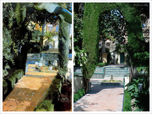 Izquierda cuadro de Sorolla, Patio de las Danzas. Alcázar de Sevilla,1910.Óleo sobre lienzo.95x63cm.Paul Getty Museum.A la derecha fotografía actual del Patio en Sevilla.