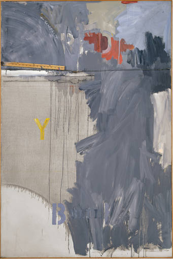 Jasper Johns.Desde la ventana N2.1962. Símbolos, como letras, números y dianas, aparecen recurrentemente en sus pinturas y grabados. Realizó numerosas pinturas "grises", las que comenzaba con color para finalmente cubrir todo el lienzo con gris. 