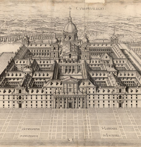 Séptimo diseño con perspectiva general del edificio, 1587.Pedro Peret.Grabado calcográfico,Patrimonio Nacional.Palacio Real de Madrid, Real Biblioteca.