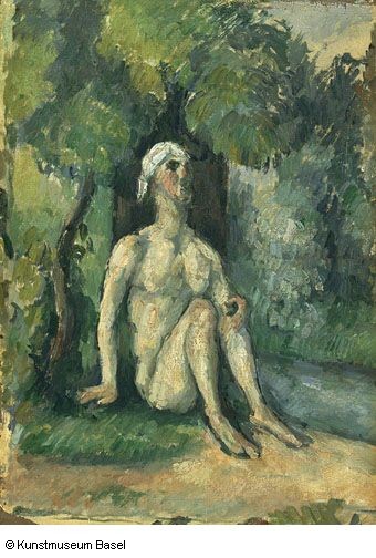 Cézanne.El bañista a la orilla del agua.Pintor postimpresionista,se inscribió en la Academia Suiza,trabajaba con modelos al natural.Descubre a Caravaggio y Velazquez,en Auvers conoce a Pisarro,figuras geométricas.