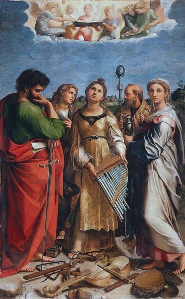 Santa Cecilia.Óleo sobre tabla transferido a lienzo.238cm x155cm. Bolonia, Pinacoteca Nacional.