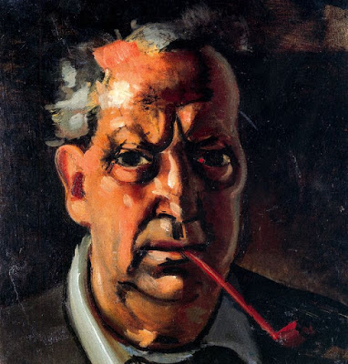 André Derain.Autorretrato con pipa,1953.Con un fondo oscuro como si del foco de una comedia dramática se tratara aparece recortada la cara del autor que se interpela la desesperanza, los miedos y dudas...