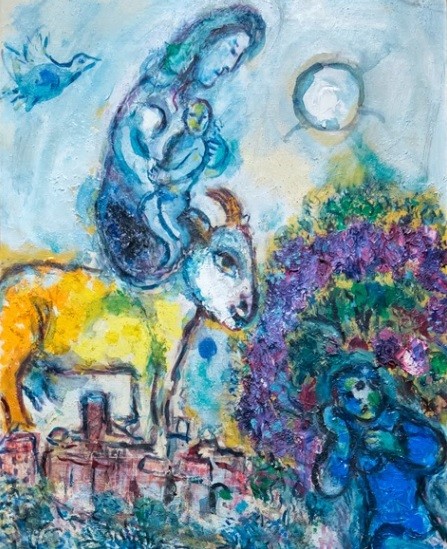 Marc Chagall 1887-1895.Maternidad con cabra dorada.Sobre la población que aparece en el horizonte Saint Paul Vence aparece flotando una enimática mujer con un niño en brazos,mientras un hombre descansa bajo un olivo.Chagall,judío ruso con alas de pintor.