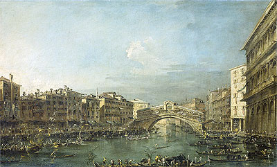 Francesco Guardi.Regata en el Gran Canal creca del Puente de Rialto en Venecia. 1780-90.Lisboa, Calauste Gulbenkian Museum. Son varias las regatas conservadas en diferentes museos.Ceremonias acuáticas con edificios emblemáticos de la ciudad.