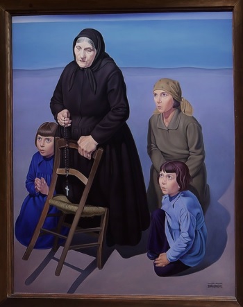 Cagnaccio di San Pietro,Familia en la playa con el Rosario,1932-34.Fondazione Cavallini Sgarbi, Ro Ferrarese. Representa a los humildes habitantes de la isla de San Pietro in Volta en la laguna veneciana donde vivía.La gradación de azules y grises..