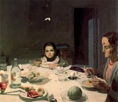 La tabla, o la cena.Momento íntimo cotidiano en el que madre e hija se encuentran en una fluida conversación.Escena doméstica de temática frecuente con gran desenvoltura a pesar de sencillez.