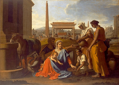 Descanso en la Huida a Egipto, de Poussin, 1657. Temas bíblicos tratados con una iconografía nueva y peculiar:la tolerancia religiosa de personas  con diferentes culturas, símbolo de hospitalidad y bienvenida.