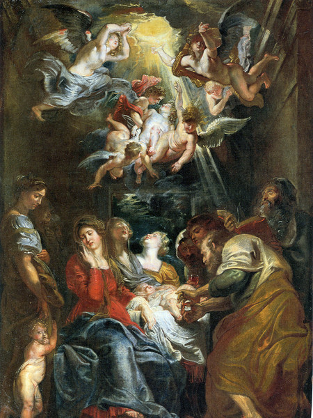 La circuncisión,1604.105x73cm Viena. Rubens envió a Génova dsde Mantua o Roma un boceto pequeño destinado a los jesuitas.Episodio relatado Lc 2,21.Espléndida composición.