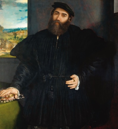 Retrato de caballero 1535.Óleo sobre tabla.118x105cm.Roma Galeria Borguese.Estamos ante el retrato más conmovedor de Lotto, de excelente aire melancólico,dos alianzas en el meñique de la mano izquierda,de su difunta esposa y un vanitas con calavera y rosa