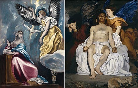 Izquierda:La Anunciación del Greco en Budapest,1600 sirvió de inspiración a MANET en su Cristo muerto con ángeles.N.York, en la que es posible relacionar las alas de los ángeles.