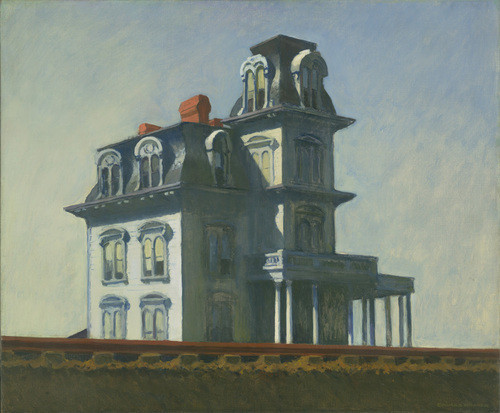 Edward Hopper,Casa junto a la vía del tren (house by Railroad)Óleo sobre lienzo 1925. La soledad de las ciudades modernas, luz cenital, diágonales acentuadas que marcan melancolia.Casas victorianas protagonistas solitarias.