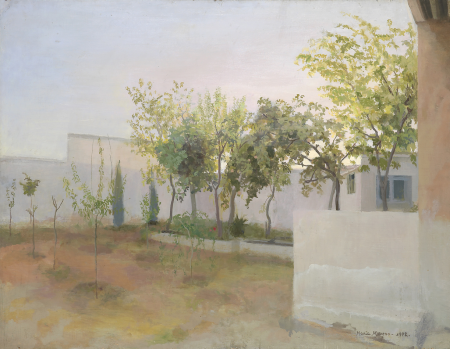 María Moreno, Jardín de frutales 1972. Óleo sobre tabla,64x82cm.Colección privada.