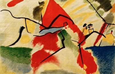 IMPROVISACIÓN V.Parque. 1911.Óleo sobre lienzo.106x157cm.Donación Nina Kandinsky.Esta obra supone un punto de inflexión, anuncia un claro giro hacia la abstracción.Este año publica De lo espiritual en el arte. Evoca dos caballos en un paisaje