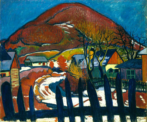 Sándor Ziffer.Paisaje de invierno 1910. El callejón que serpentea entre casas de mineros es un tema recurrente en la pintura de Sándor.Inspirado en Gauguin, Cézanne y Matisse.Carácter plano,colores vivos,fuertes contornos, y yuxtaposición de frios malvas 