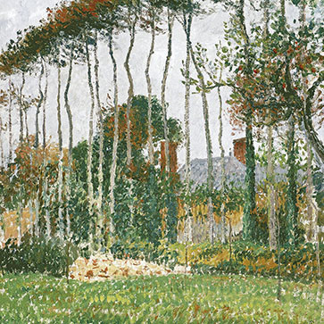 Pisarro, paisaje de Verengeville,1899.Óleo 64x54cm.Colección Perez Simon,Méjico.Arboledas recortadas al borde de un camino insignificante...pantalla de a´rboles que provocan cierta desorientación al espectador, paisajes inclinados...