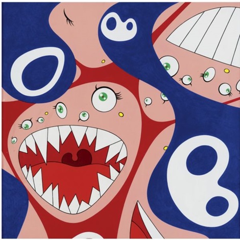 Takashi Murakami. Bote de pintura A de Klein 1994-97. Retoma la tradición japonesa de imágenes planas mezclándolas con la divertida y popular cultura Otaku KAwaii  del manga.