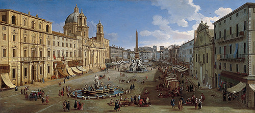 Gaspar van Wittel.Piazza Navona, Roma.1699. Óleo sobre lienzo, colección Thyssen.El pintor traza dos diagonales pronunciadas que convergen en un punto. Centro neurálgico con infinidad de personajes que pueblan el mercadillo.