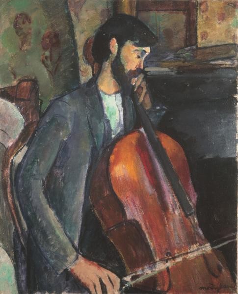 Modigliani,el violonchelista.Simplifica y purifica para captar lo esencial, resultado de una larga meditación, contornos marcados en color azul.