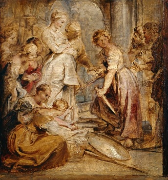 Aquiles descubierto por Ulises y Diomedes.1615.Óleo sobre tabla 28x26cm.Cambridge Museum. Poema épico del romano Estacio, la Aquileida todo un mito de la Antiguedad.La madre de Aquiles le disfrazó de mujer pero al ver las armas reconocen su identidad.