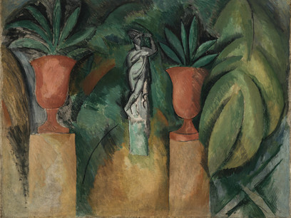 Estatua con dos jarrones,1908.En su dialéctica naturaleza-cultura, siempre encontró una síntesis entre ambas.Asimiló las enseñanzas de Cézanne construyendo un espacio y geometrizando las formas,triángulos, tejados, cubos,casas con cierta visión personal.