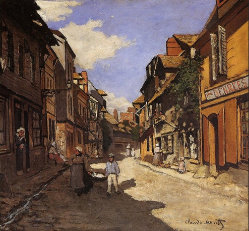 Claude Monet.La Rue de La Bavole en Honfleur,1864.Óleo sobre lienzo.58x63cm.Kunsthalle,Mannheim.Dos diagonales cruzan el lienzo para ganar en profundidad.Monet dió un giro a su trayectoria,no le movía su afán científico,trabajaba la instantaneidad.