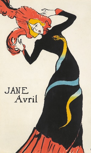 Toulouse Lautrec,Jane Avril 1899.Litografía en color basada, como la anterior en fotografías de Paul Sescau. The Albertina Museum, Viena.