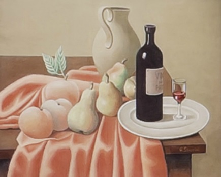 Severini.Bodegón con peras y botella1920.Cortesia Galleria Tega.Milán.Solemnes y silenciosas son las atmósferas que evocan las mesas de Severini,a la manera griega o romana como ofrendas para el invitado con acento platonico y pitagórico  tridimensional