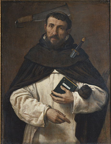 Fray Angelo Ferretti como S. Pedro Martir 1549.Óleo 89x69cm.Cambridge Harvard Art Museum.La relación de Lotto con la Orden de los Predicadores fue intensa y prolongada.Con los atributos de SPedro inquisidor por excelencia,asesinado por los herejes cátaros