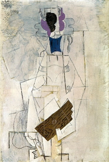 Mujer con guitarra.Óleo sobre lienzo.130x90cm. En 1911 Braque trabajó tres semanas con Picasso,supone la culminación del cubismo analitico.Pero esta obra pertenece al cubismo sintético1912-14:Cromatismo en tres planos coloreados con rosa,negro y azul.