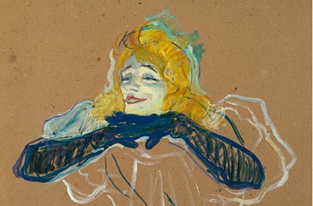 Lautrec. Yvette Guilbert cantando 1894.Pushkin Museum, Moscú.La teatralización de la vida urbana,elementos mórbidos y dacadentes con un atrevido lenguaje de síntesis y caricatura