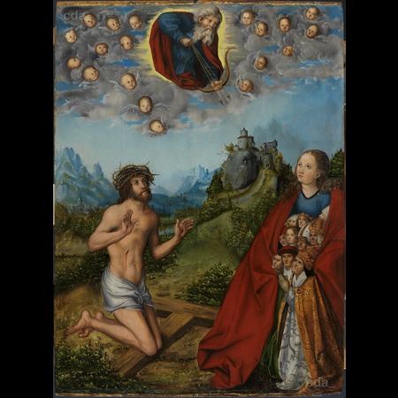 Lucas Cranach y taller.Cristo y la Virgen interceden por la humanidad.Arriba Dios Padre con su arco y 3 flechas(peste,hambruna y guerra)apuntan a estamentos sociales bajo el manto de la Virgen(obispo,cardenal,Papa)Todos buscan refugio ante calamidades.