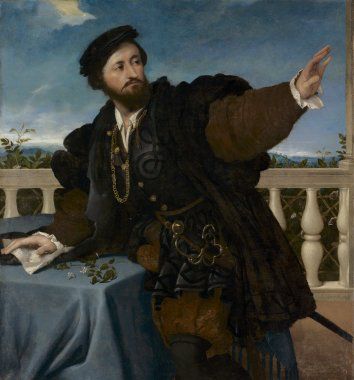 Retrato de un caballero 1535.Óleo 108x100cm.Cleveland Museum of Art. En una terraza al aire libre un personaje  conmovido por un estímulo repentino gira y levanta el brazo izquierdo,al fondo de la balaustrada un paisaje...era veneciano o de Bérgamo?