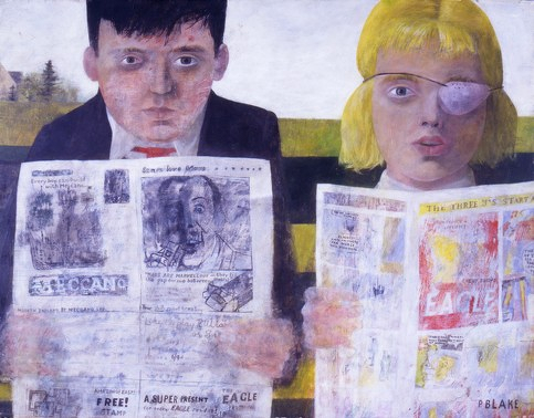 Peter Blake,Niños leyendo comics,1954.Óleo sobre conglomerado.36x47cm.Tullie House Museum and Art GalleyAutorretrato de Blake a partir de una fotografía de infancia con su hermana Shirley con un parche en un ojo