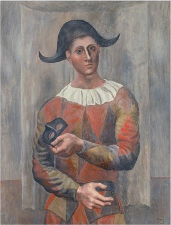 Picasso,arlequin au lup,1918.El motivo del arlequín, que tanto gustó a Picasso pintar, está presente en la exposición en el lienzo Arlequín con antifaz,de 1918 creado cinco años antes que El arlequín sentado o El pintor Jacinto Salvadó expuesto hasta sept