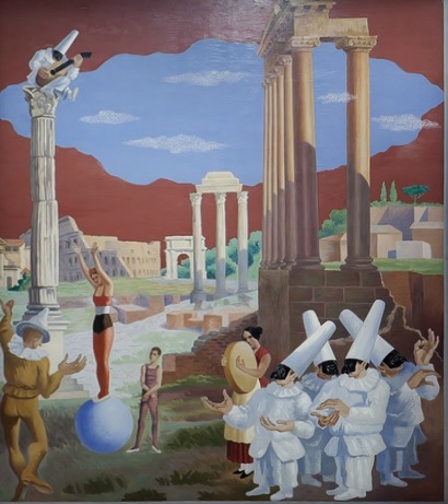 Gino Severini, El equilibrista,1928.Museo de Arte Contemporñaneo di Trento.Como si formaran parte de la comedia del arte y de la vida,en una escena dominada por el arte antiguo,metáfora de un tiempo lejano cuya perfección reside en una sola idea.