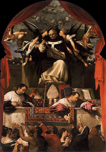 San Antonio de Florencia repartiendo limosnas,1540.Óleo 332x235cm.Venecia Iglesia de Santi Giovani.Dos putti corren una cortina roja descubren la escena siguiendo modelo de Rafael (Madonna Sixtina),nos indica la visión abstracta de la virtud de la caridad