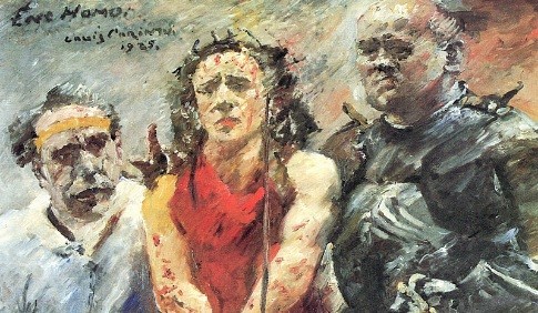 Detalle de Ecce Hommo de Lovis Corinth,1925.Dedica una atención particular a la Pasión y muerte de Cristo, pincelada violenta cercana al expresionismo,gran libertad a la hora de expresar iconografía tradicional,colores desenfocados,difusión de formas.