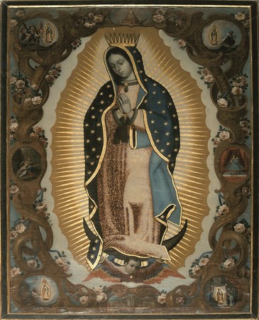 Manuel Osorio. Virgen de Guadalupe con las cuatro apariciones, 1739. Óleo sobre lienzo. 205x 138 cm. Palencia Catedral de San Antolín..Este ejemplo con empleo de calcos de la Virgen guadalupana pero decorado con marcos fingidos.
