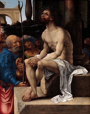 Jan Gossaert,Escarnio de Cristo 1527. Impresionante ejecución,la luz que emana del cuerpo de Cristo enfoca el nucleo de la escena y una fuerza poderosa crea sombras caricaturescas que anticipan la tragedia.Jesús contempla con horror el drama de su tortura