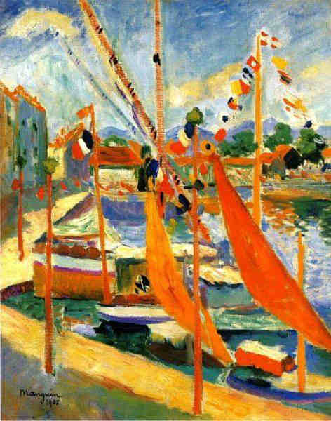 Henri Manguin.El 14 de Julio en Saint-Tropez,lado izquierdo.1905.Colección particular.La búsqueda d una mayor libertad pictórica que le permitiera ir más allá de la rigidez neoimpresionista, le hizo combinar las pequeñas"teselas"con pincelcolores planos