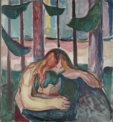 Mujer vampiro en el bosque,1916-18. En todas las versiones repite el mismo esquema:una mujer pelirroja envuelve con sus brazos y melena al hombre como víctima,un hombre en posición sumisa,abriendole toda su energía vital.