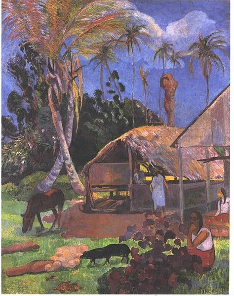 Gauguin. Cerdos negros, 1891. Óleo sobre arpillera, Budapest.Tierra deliciosa, jardín del Edén, montañas rosas y violetas..un mundo perdido donde el hombre vive en armonía con la naturaleza..